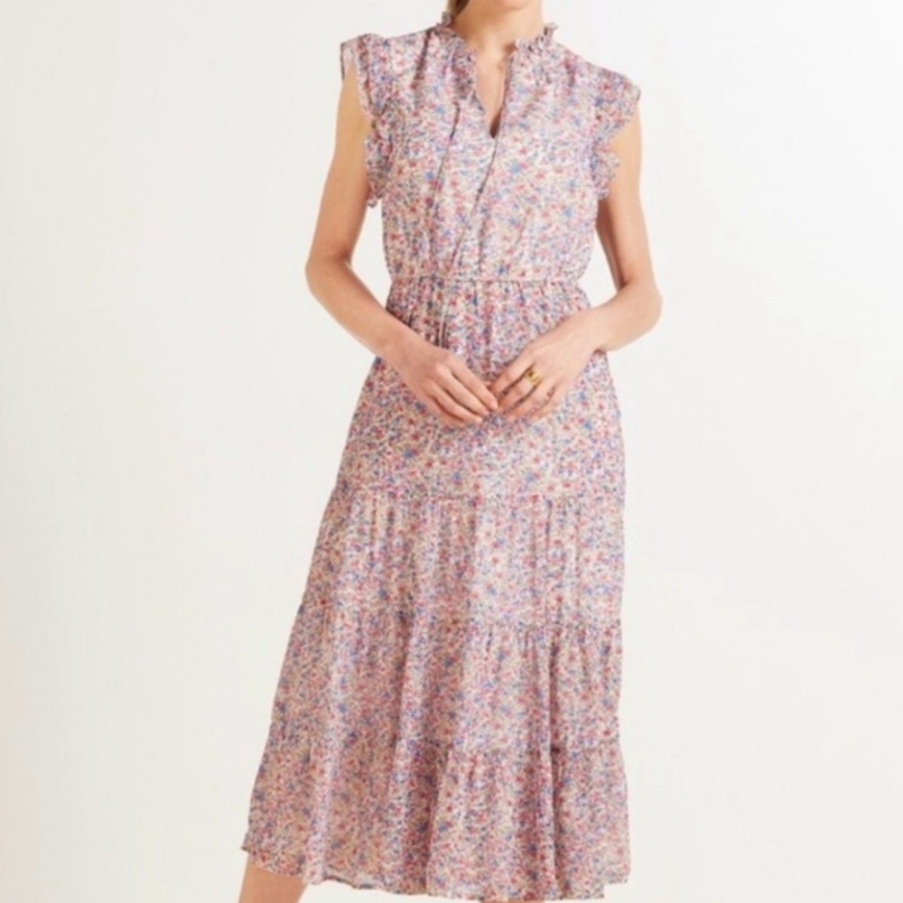 BB Dakota White Pink Blue Floral Ruffle Maxi Dress Medium